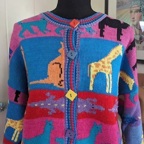 VTG Grannycore Christine Foley Noah’s Ark Cardigan Sweater Animals Circus 2 - Picture 4 of 10